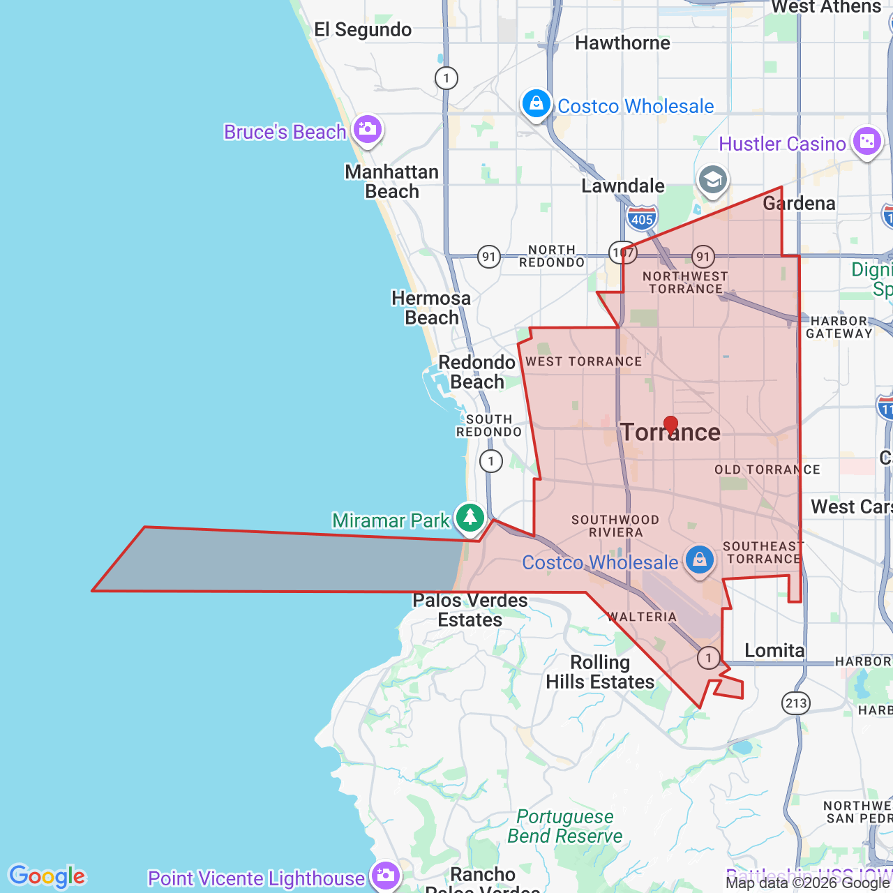 Map showing House of Kringle's Santa visit service location in Torrance, Los Angeles County, with the city boundary outlined in red.
