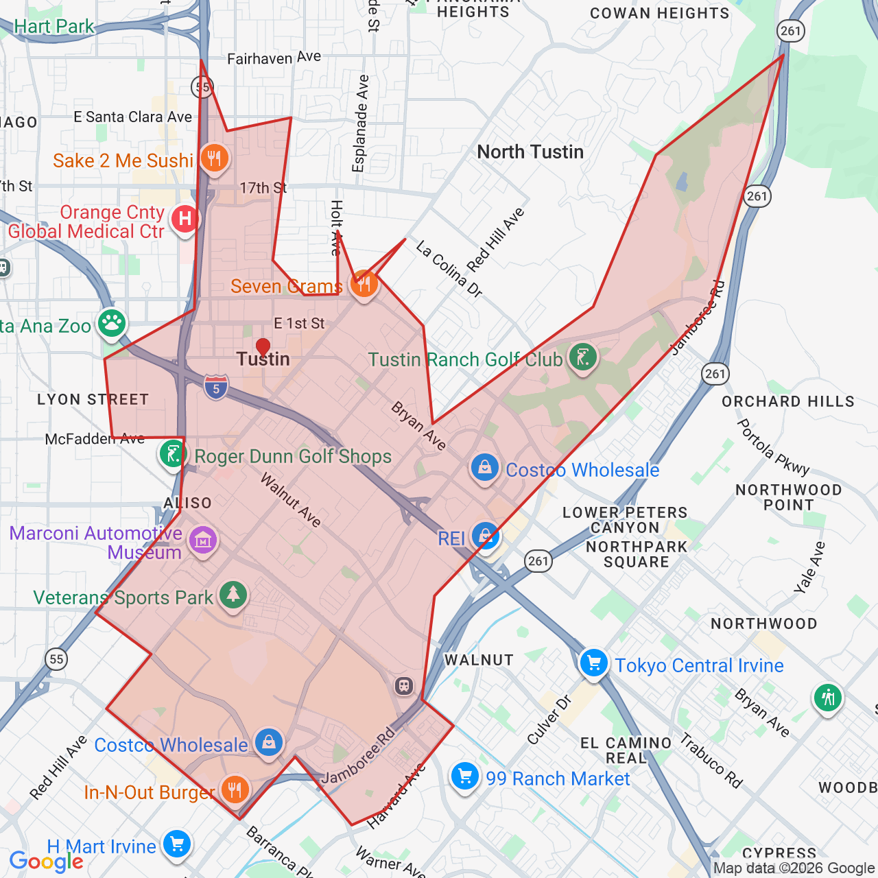 Map showing House of Kringle's Santa visit service location in Tustin, Orange County, with the city boundary outlined in red.