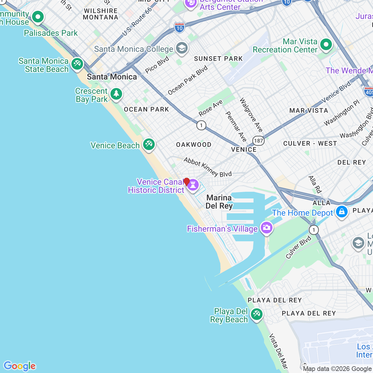 Map showing House of Kringle's Santa visit service location in Venice, Los Angeles County.