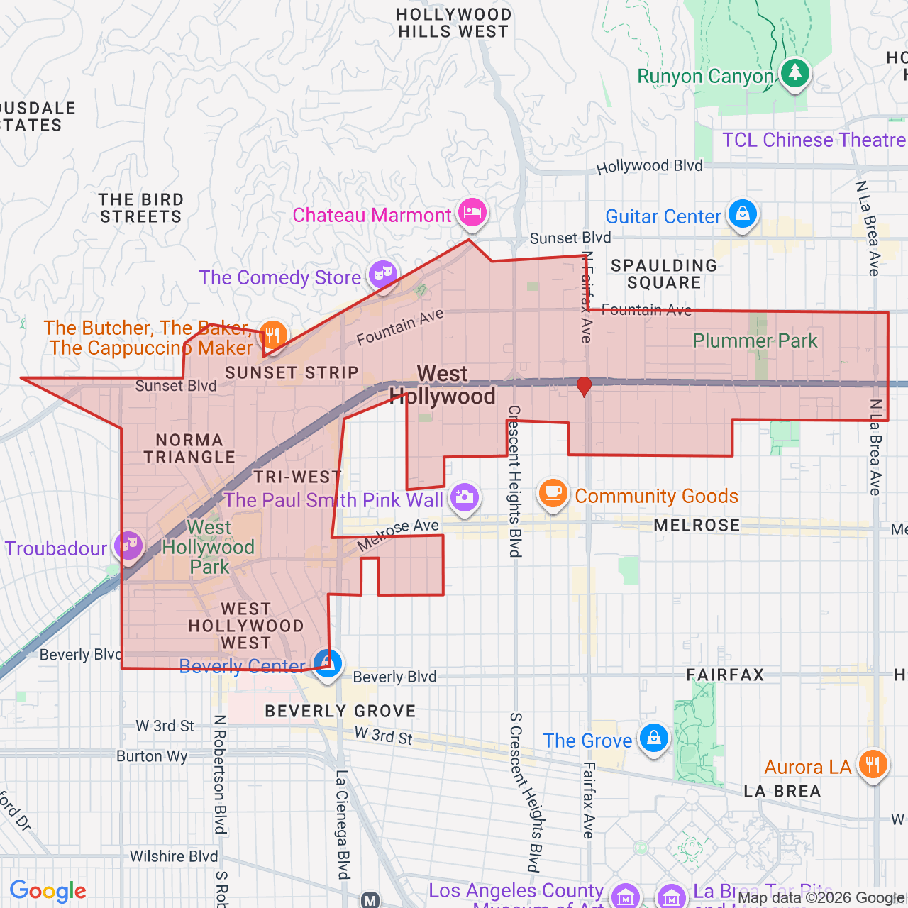 Map showing House of Kringle's Santa visit service location in West Hollywood, Los Angeles County, with the city boundary outlined in red.