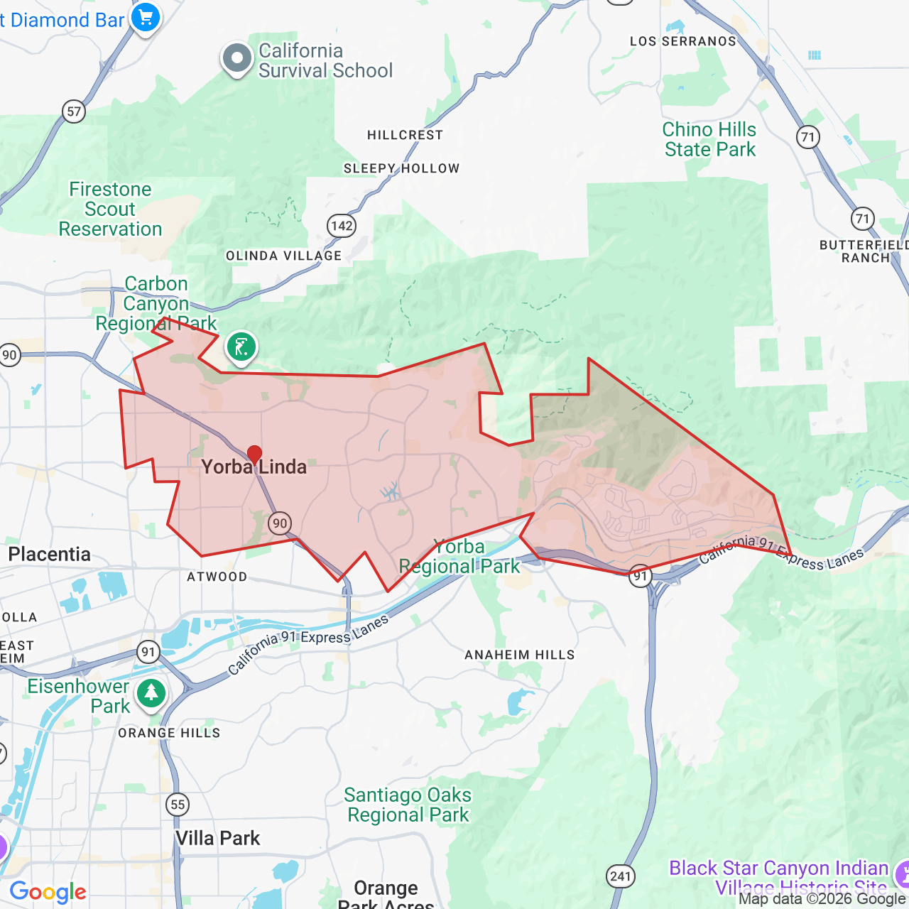 Map showing House of Kringle's Santa visit service location in Yorba Linda, Orange County, with the city boundary outlined in red.